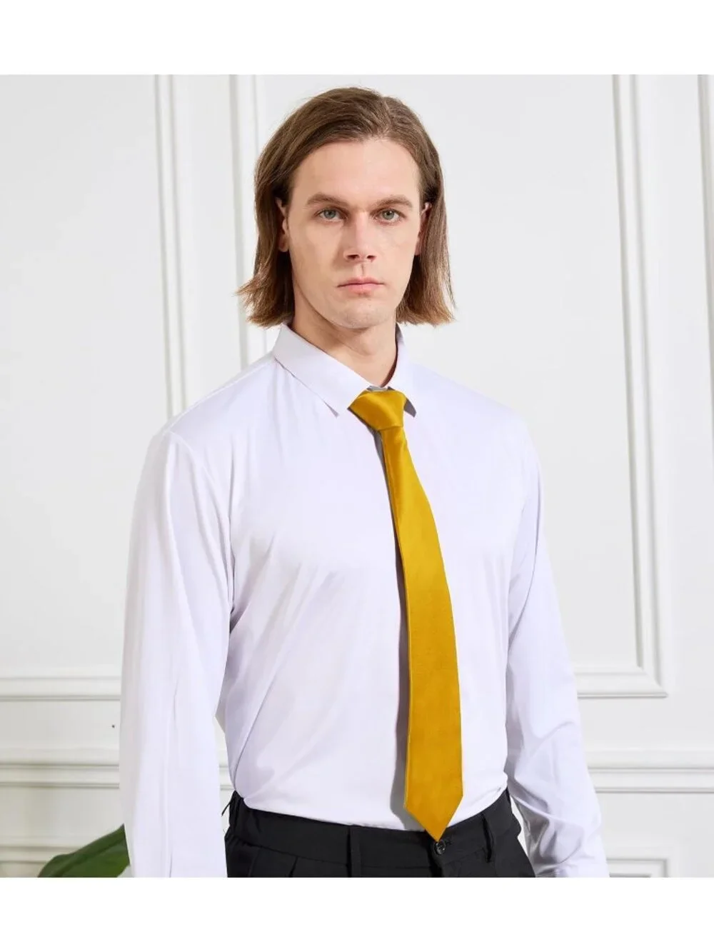 Men's Mustard Solid Microfiber Plain Formal Silk Necktie For Business Dress Tie